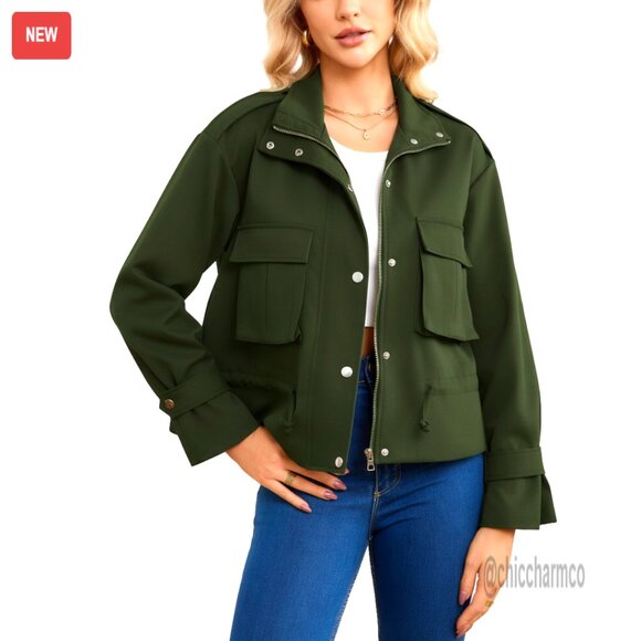Cropped Bomber Jacket Women Lightweight Long Sleeve Zip Up Oversized Utility